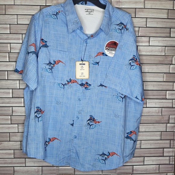 Haggar Adventure Awaits Shirt Men's XXL Blue Swordfish Patriotic‎ Flag Button - Picture 1 of 11